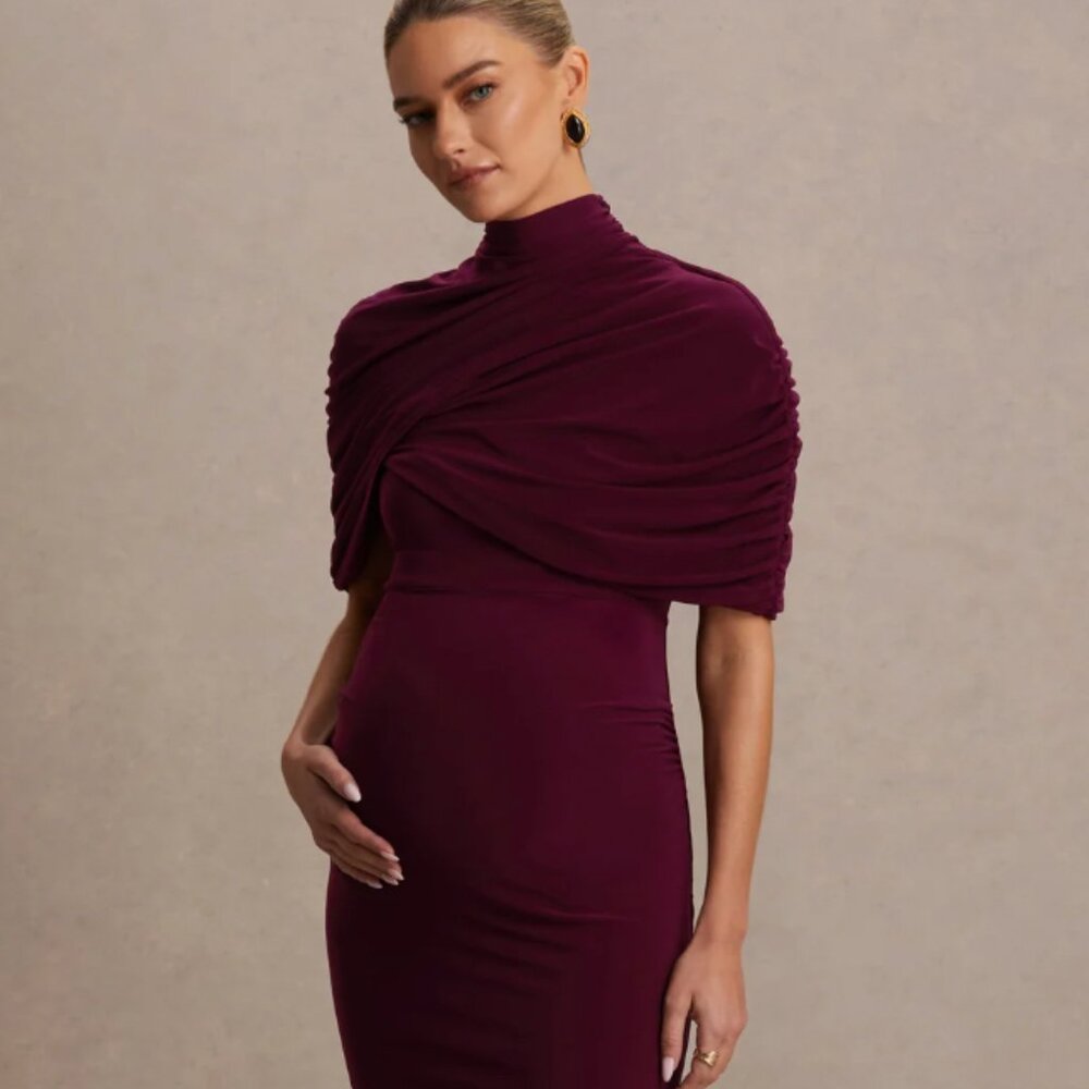 Elegant Plum High-Neck Fitted Dress
